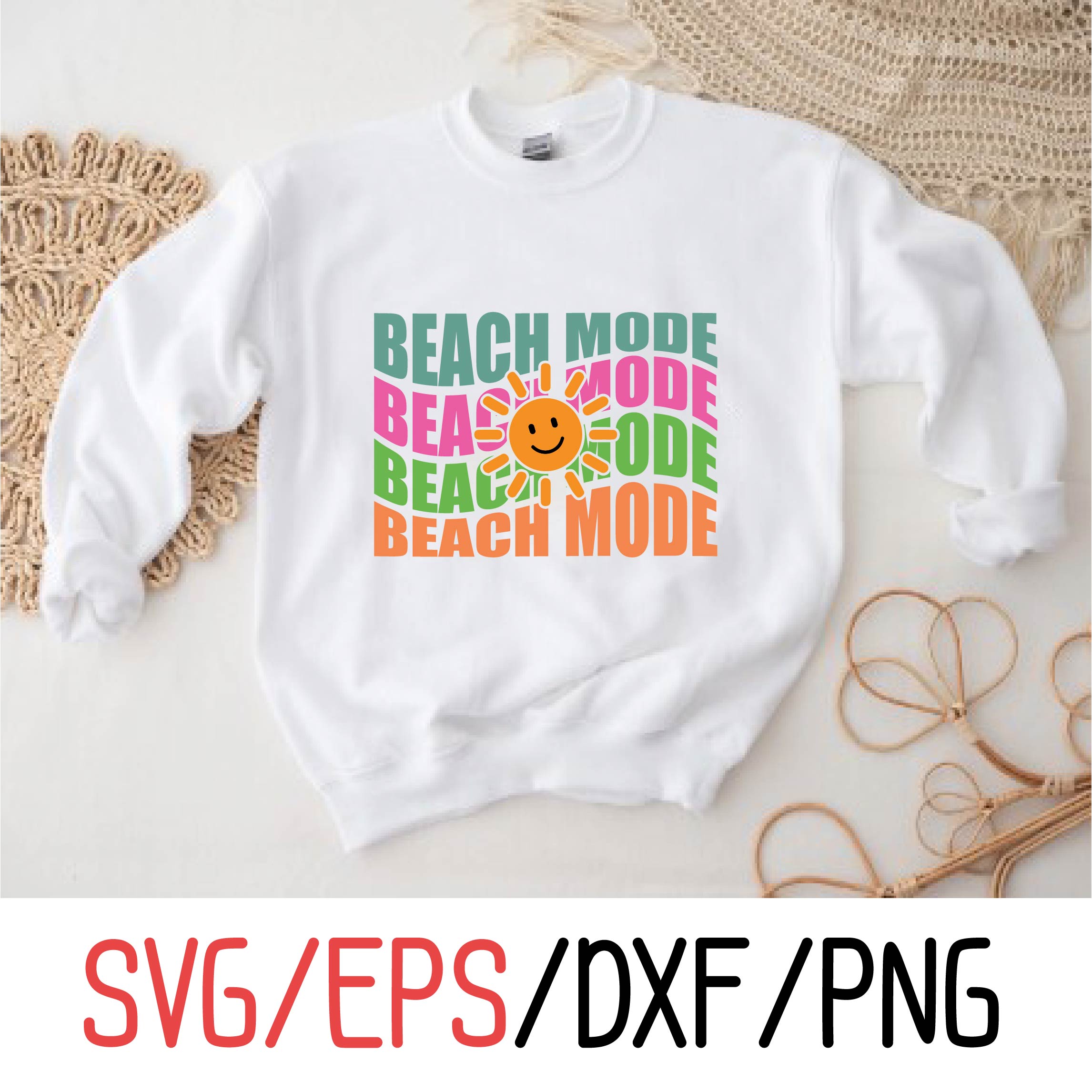 White sweatshirt with the words beach mode on it.