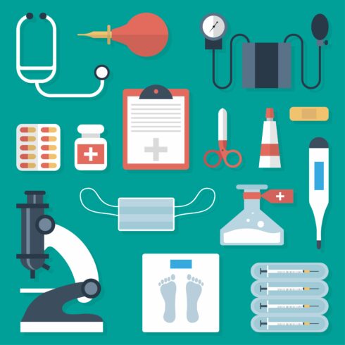 Medical supplies set in a flat style cover image.