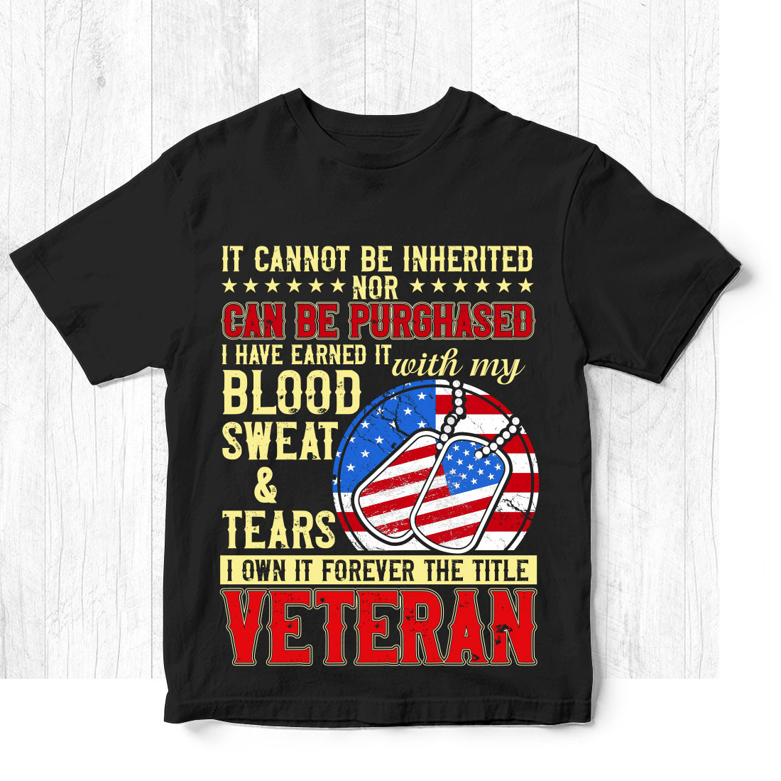 Black t - shirt with an american flag design.