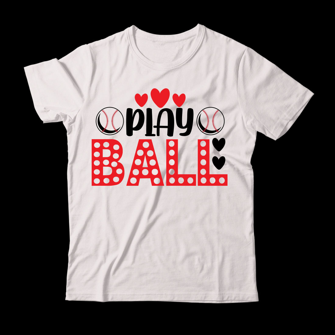 White t - shirt with the word play ball on it.