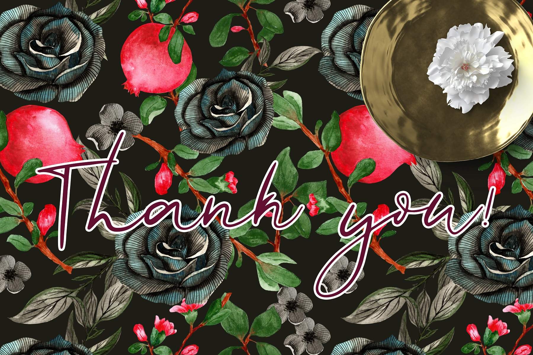 Thank you card with flowers and a gold plate.