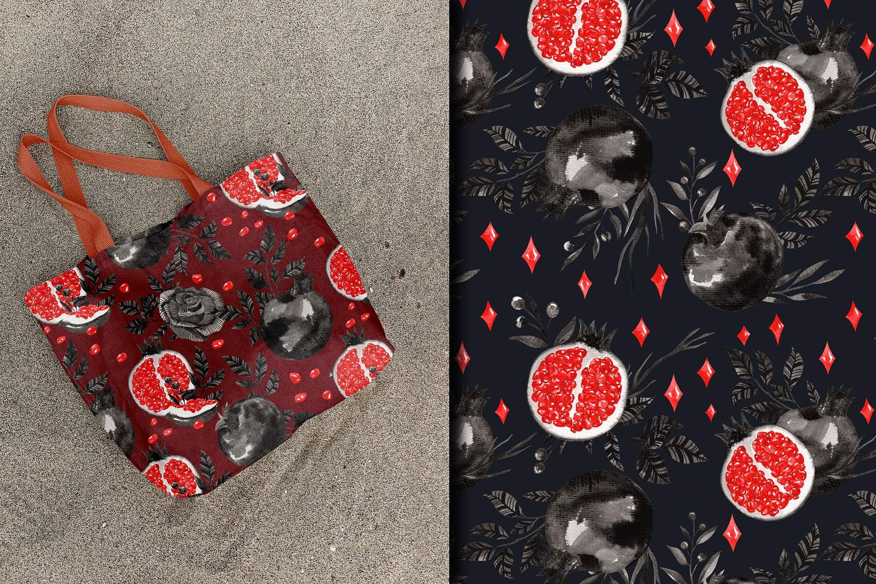 Bag with a pomegranate pattern and a picture of a pome.
