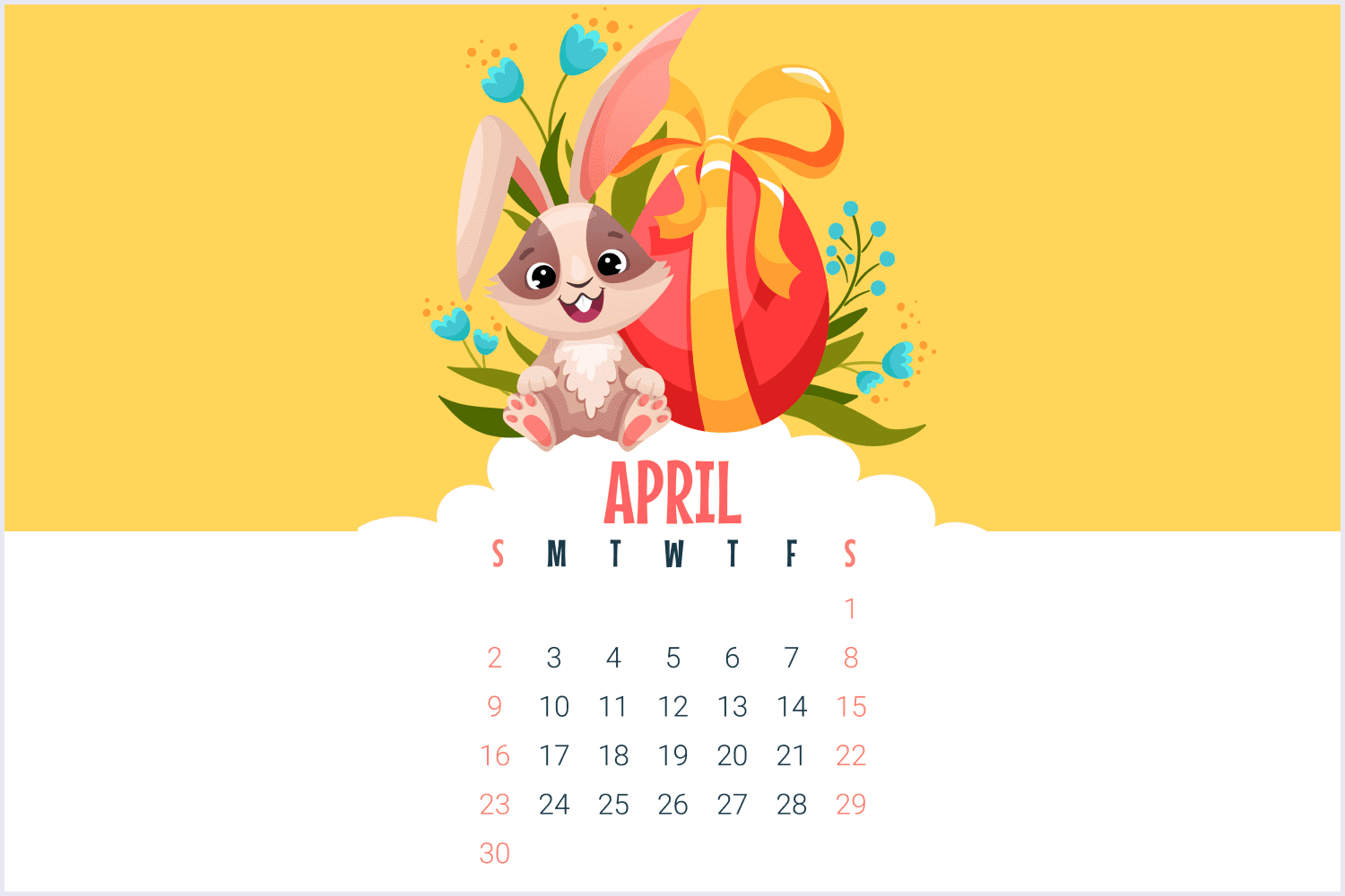 Calendar for April 2023 with a cute rabbit and an Easter egg on a yellow background.