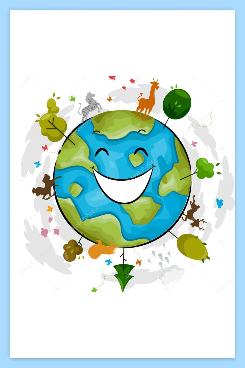 Drawing of a smiling planet Earth with trees and animals on it.