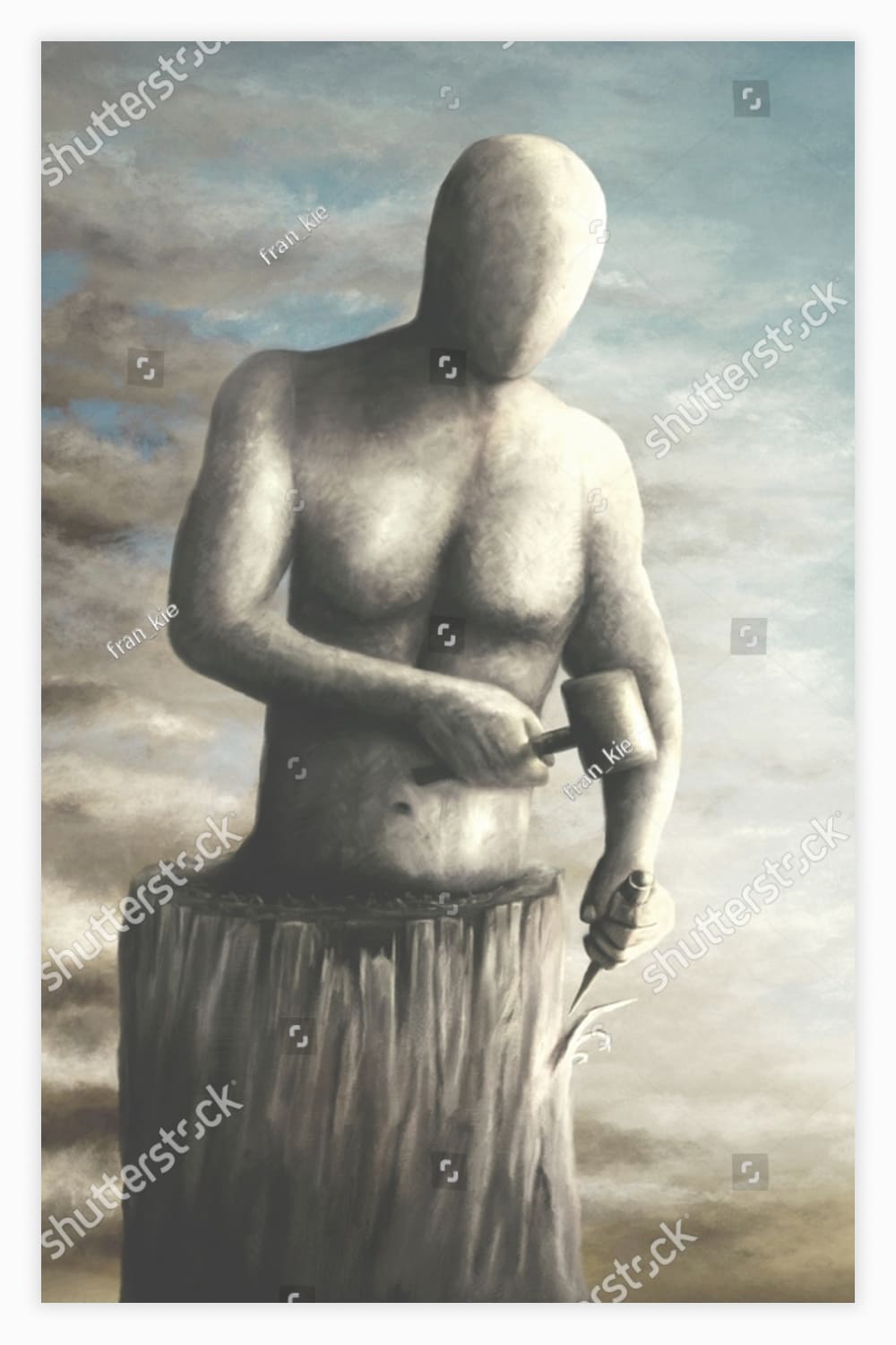 Illustration of man sculpting himself in the wood, surreal identity abstract new life concept.