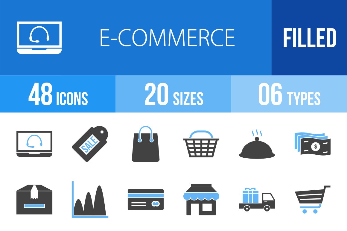 48 Ecommerce Filled Blue Black Icons cover image.