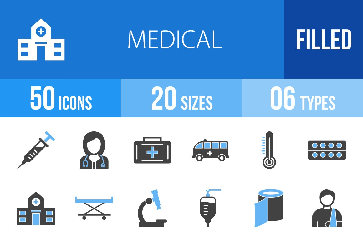 50 Medical Filled Blue & Black Icons cover image.