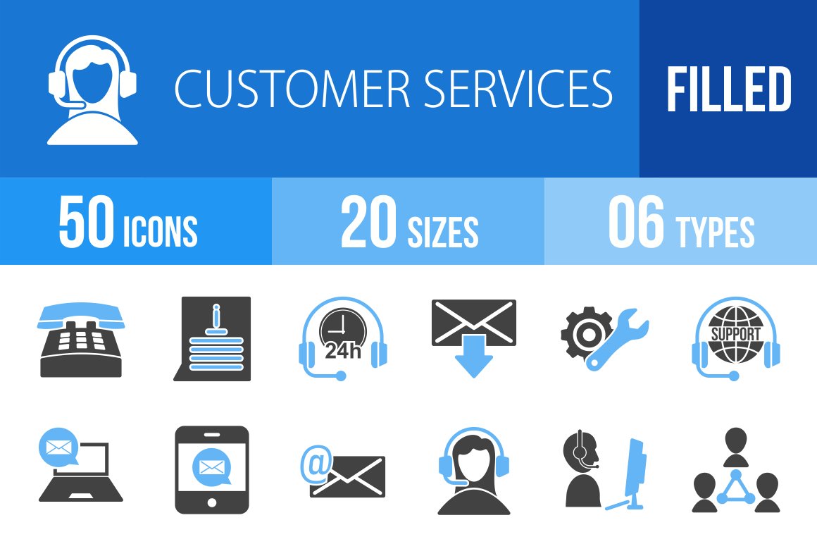 50 Customer Service Blue Black Icons cover image.