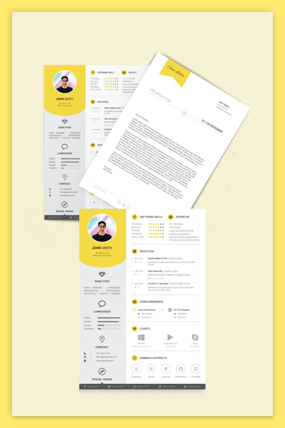Screenshot of a resume with a photo, two columns, infographics and a separate cover letter.