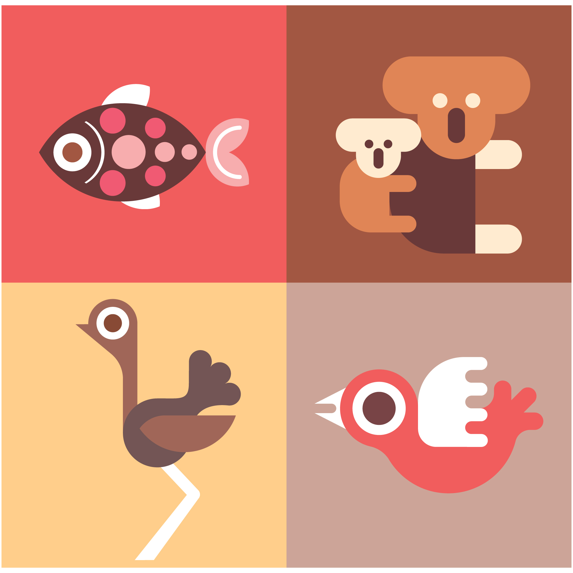 Four different types of animals on different colored squares.