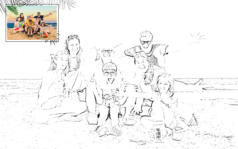Drawing of a group of people on a beach.