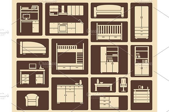 Flat furniture and interior icons cover image.