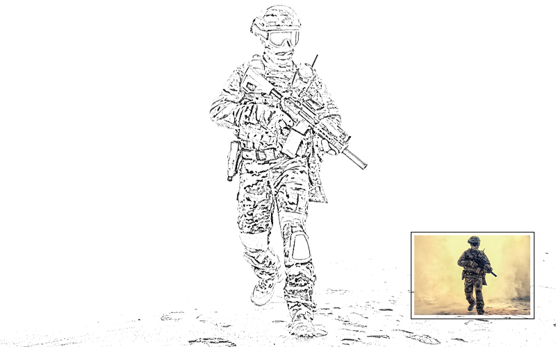 Drawing of a soldier with a rifle.