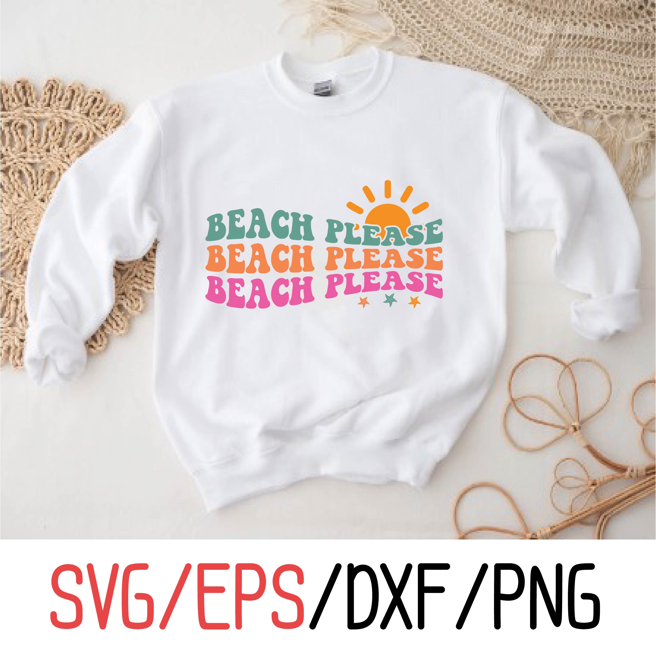 White sweatshirt with the words beach please on it.