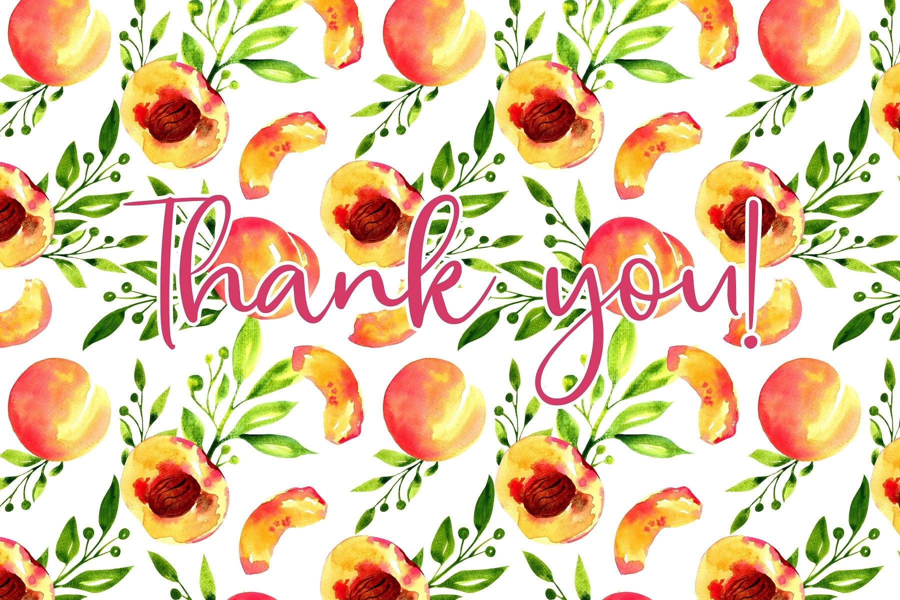 Thank you card with watercolor peaches and leaves.