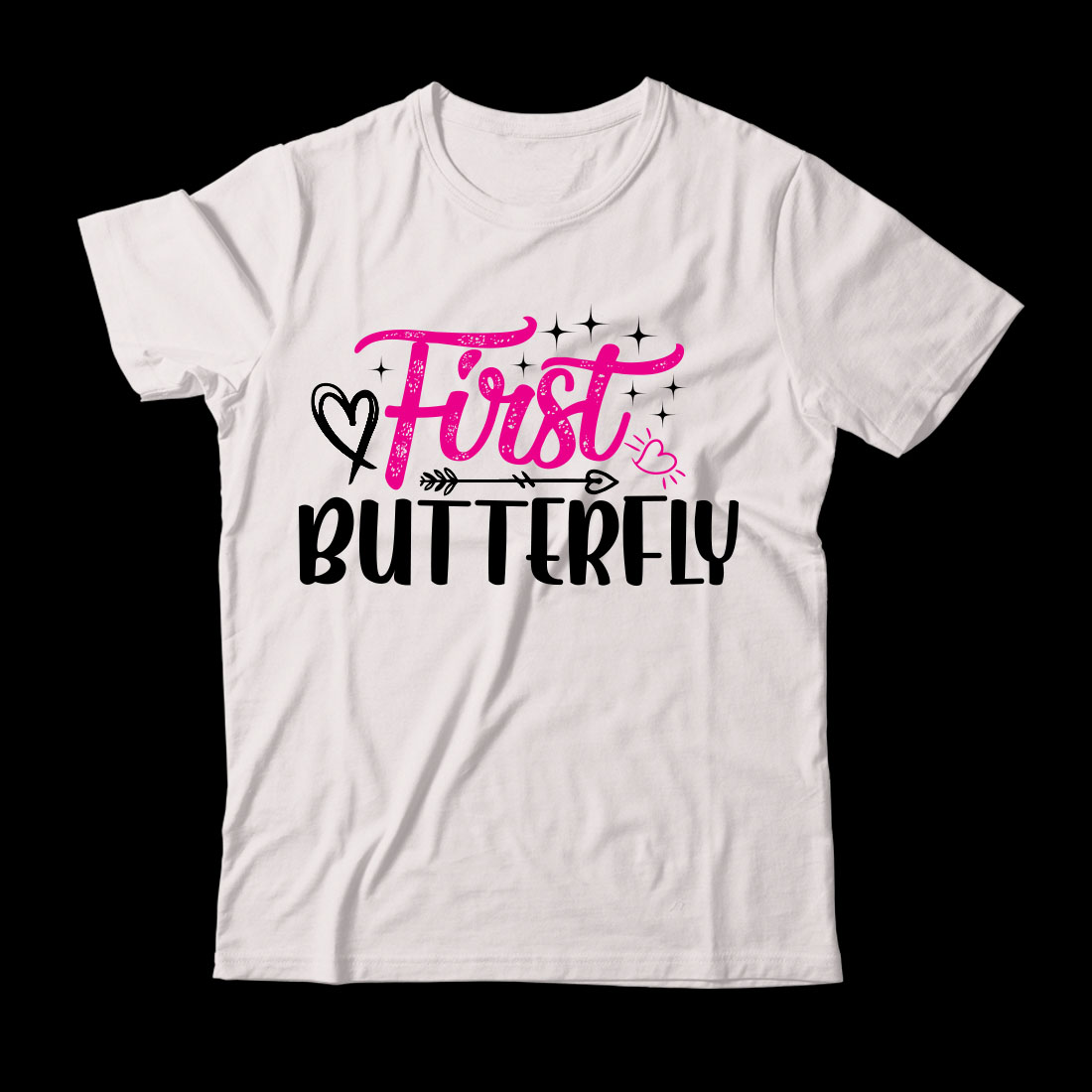 White t - shirt with the words first butterfly on it.