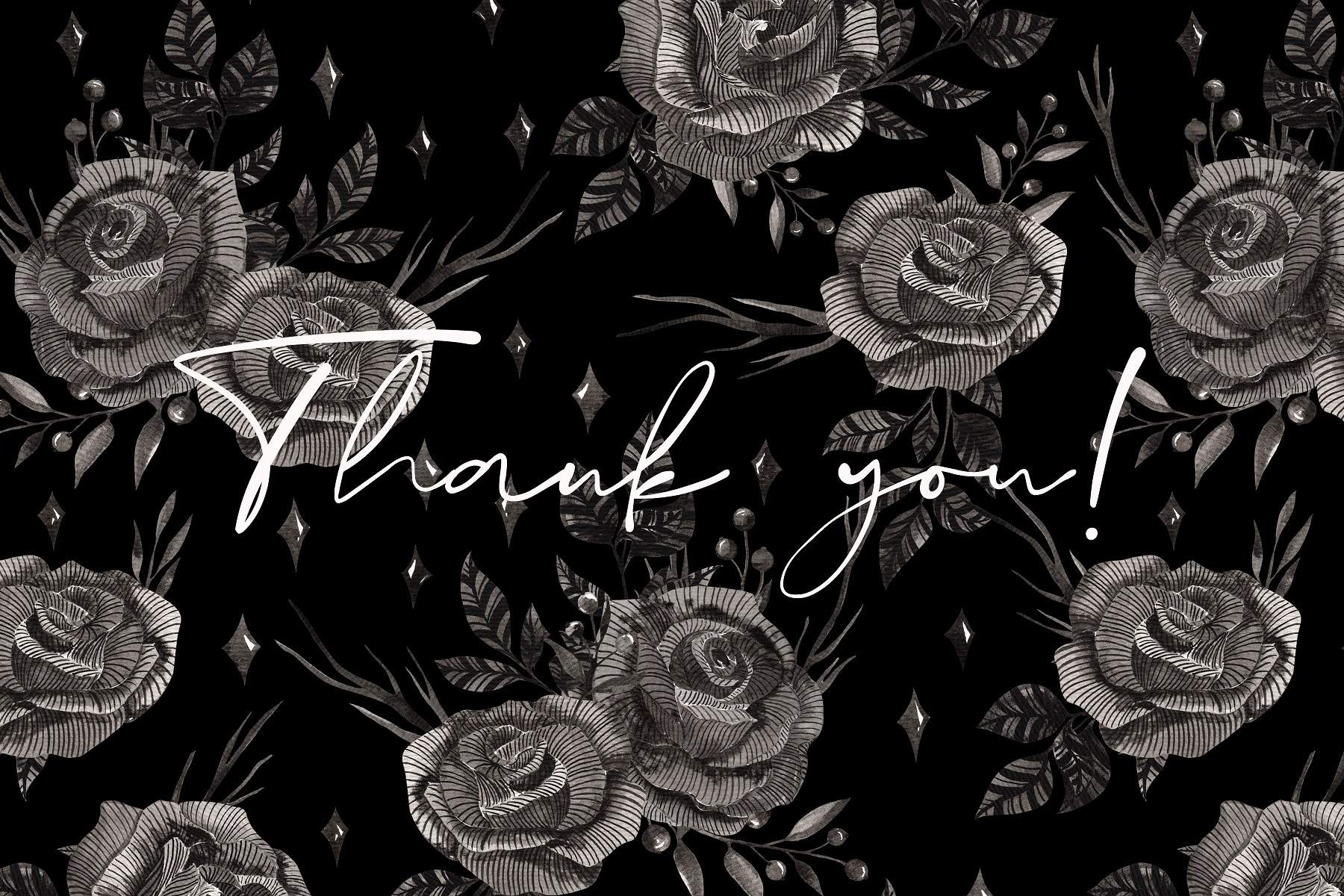 Black and white floral pattern with the words thank you.
