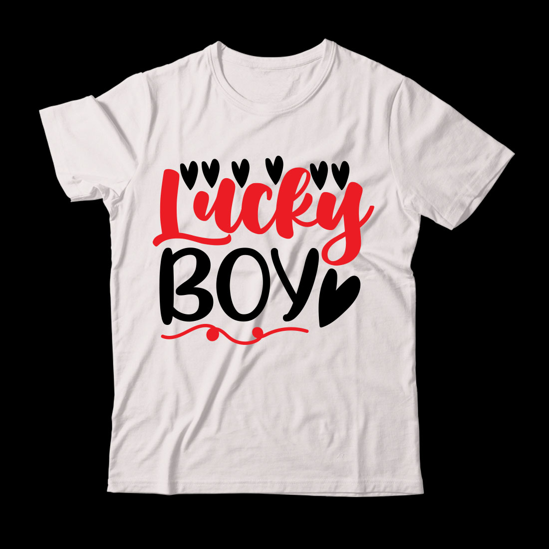 White t - shirt with the words lucky boy on it.