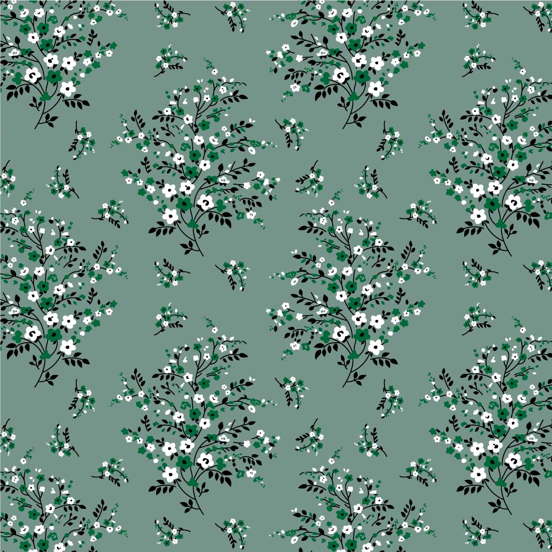 Green background with white and black flowers.