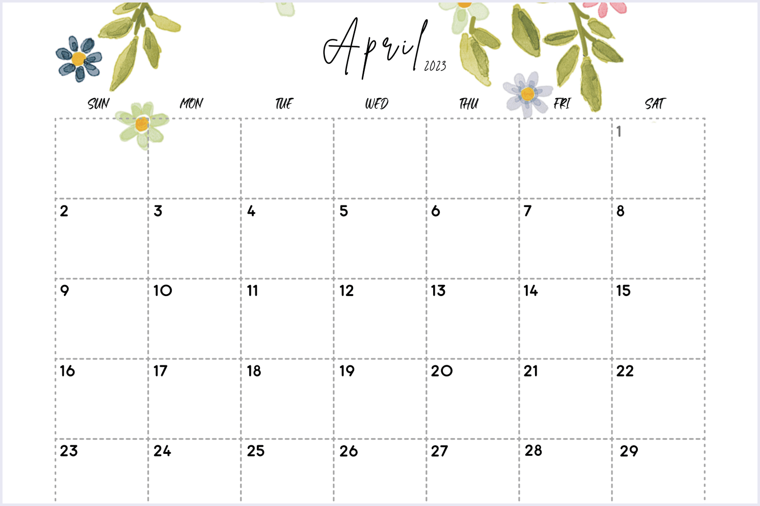 Calendar for April with stunning watercolor floral designs,.