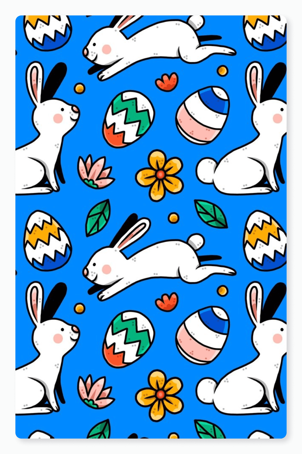 Drawn rabbits, easter eggs and flowers on a blue background.