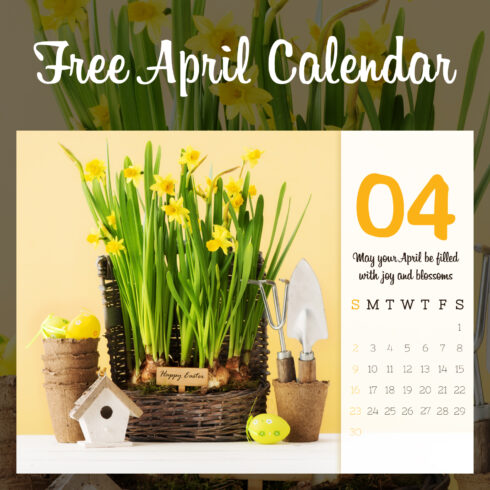 Calendar with a basket of daffodils and a birdhouse.