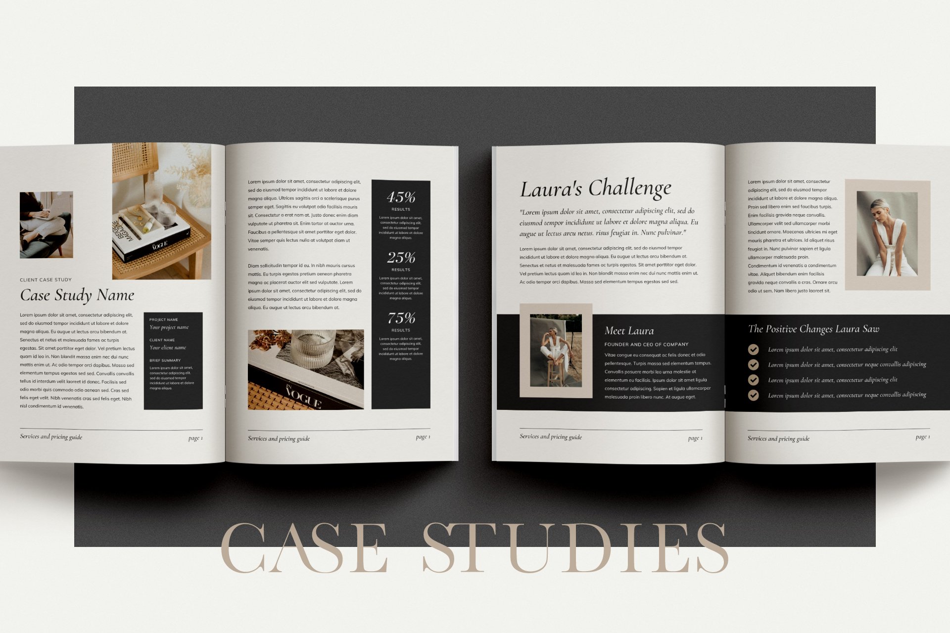 9 elegant black and beige services and pricing guide magazine client brochure editable canva template 30