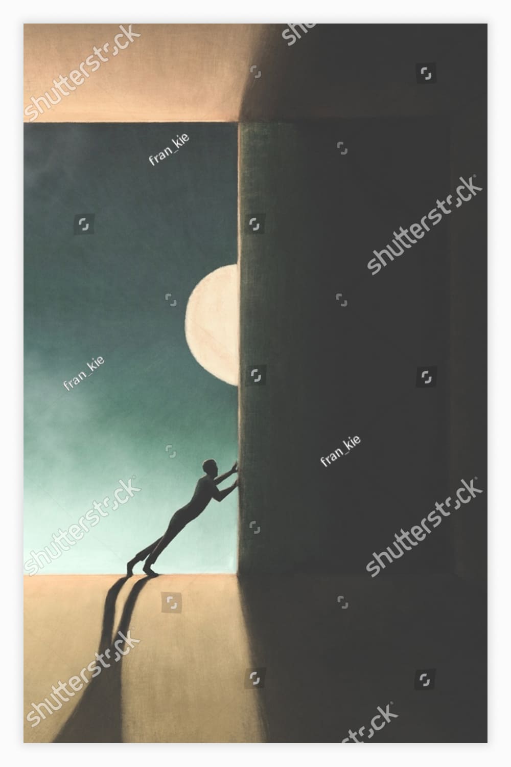 Illustration of man opening a big gate to show the early morning sun, surreal concept.