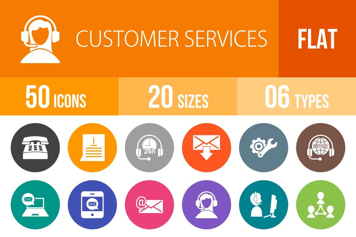 50 Customer Service Flat Round Icons cover image.