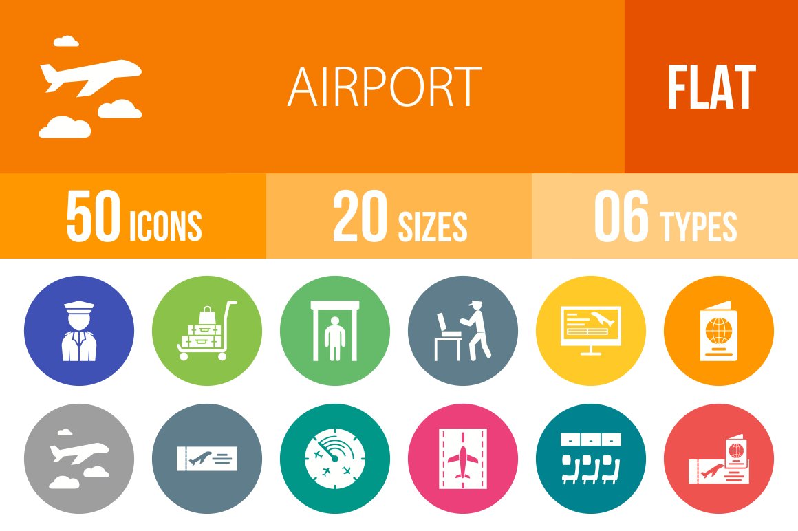 50 Airport Flat Round Icons cover image.