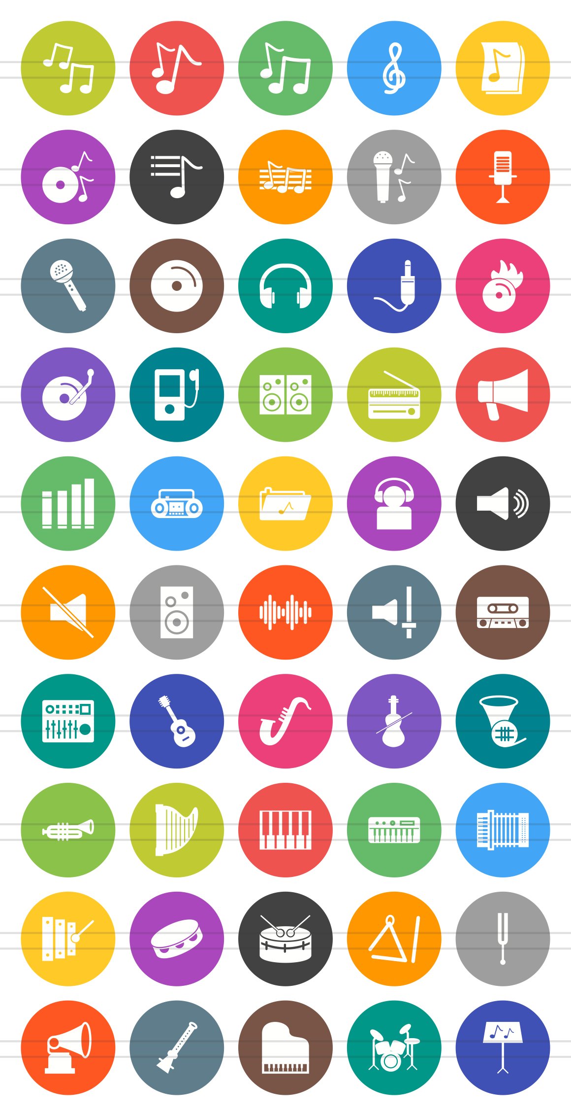 50 Music Flat Round Icons preview image.