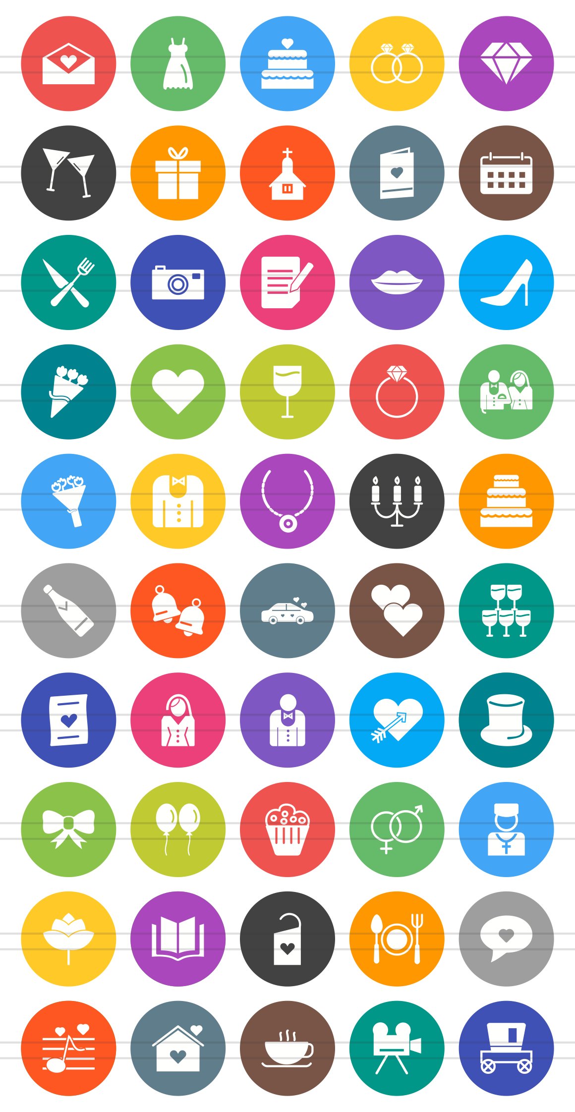 50 Wedding Flat Round Icons preview image.