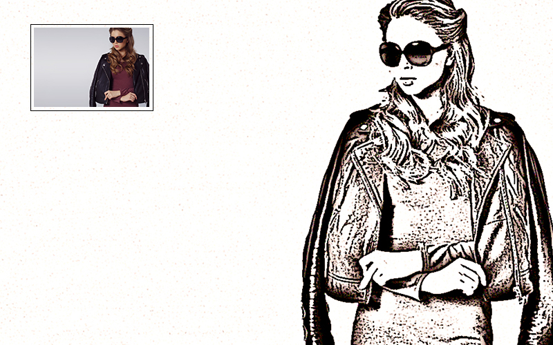 Drawing of a woman wearing sunglasses and a leather jacket.