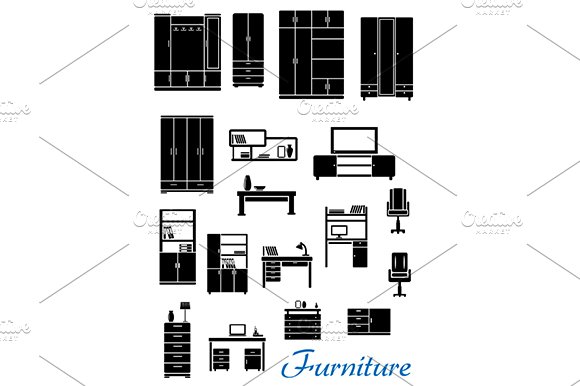 Black wooden furniture flat icons cover image.