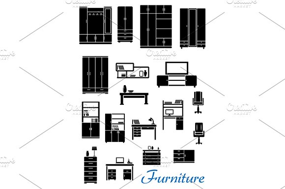 Black wooden furniture flat icons cover image.