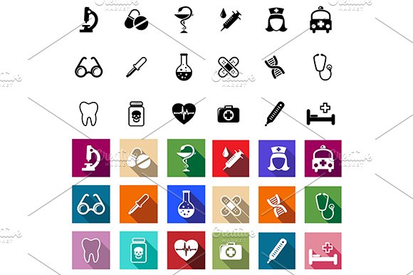 Flat medical icons set cover image.