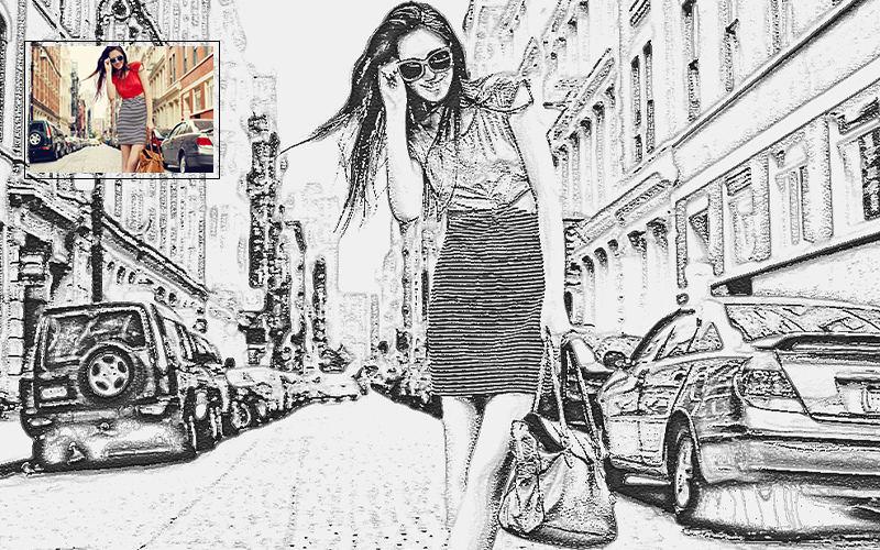 Drawing of a woman walking down a street.