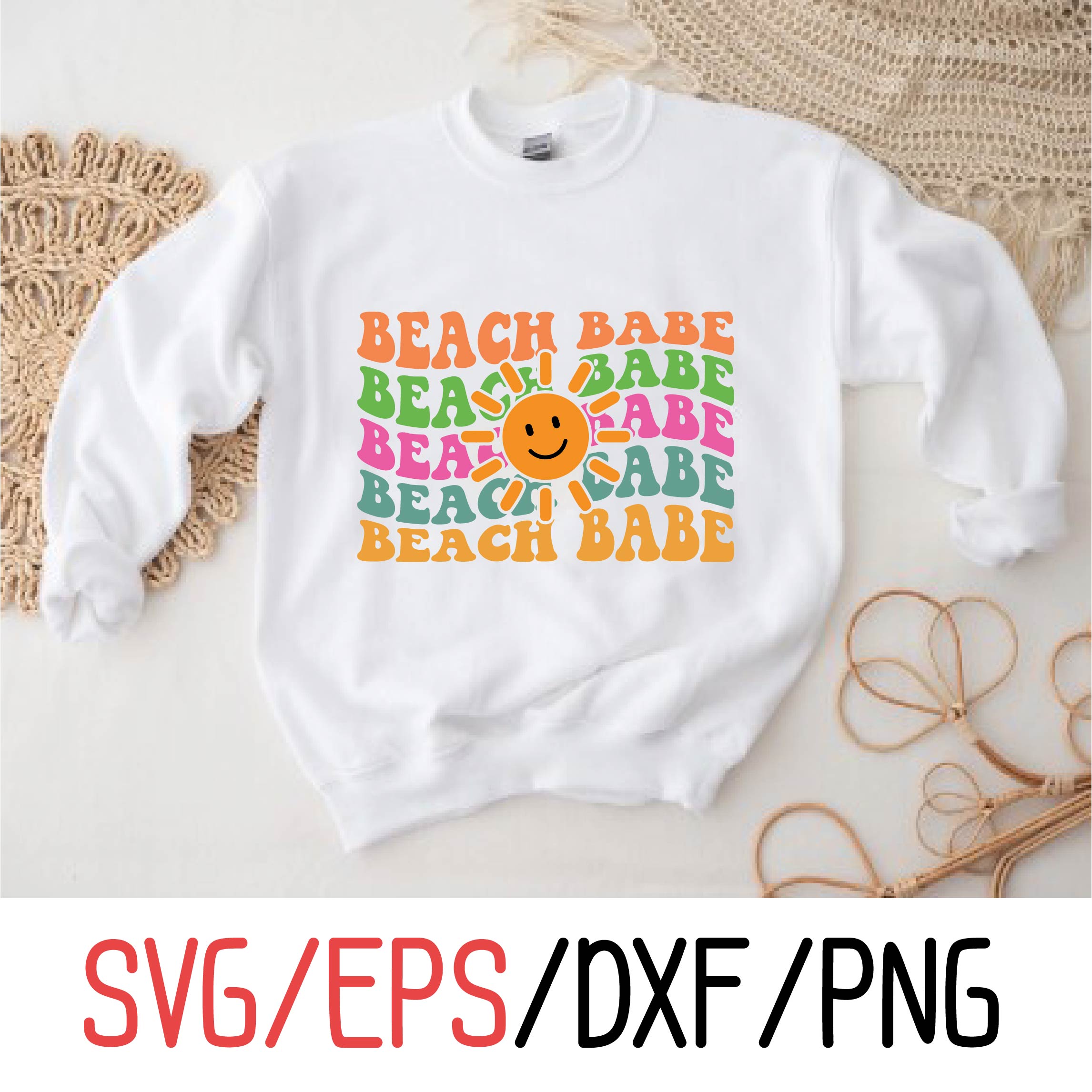 White sweatshirt with the words beach babe and a smiley face on it.