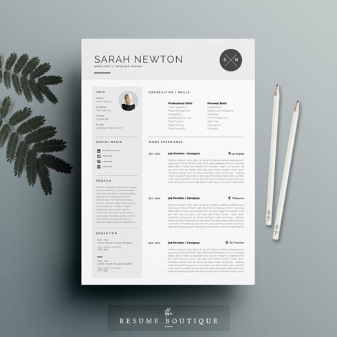 Clean and modern resume template on a gray background.