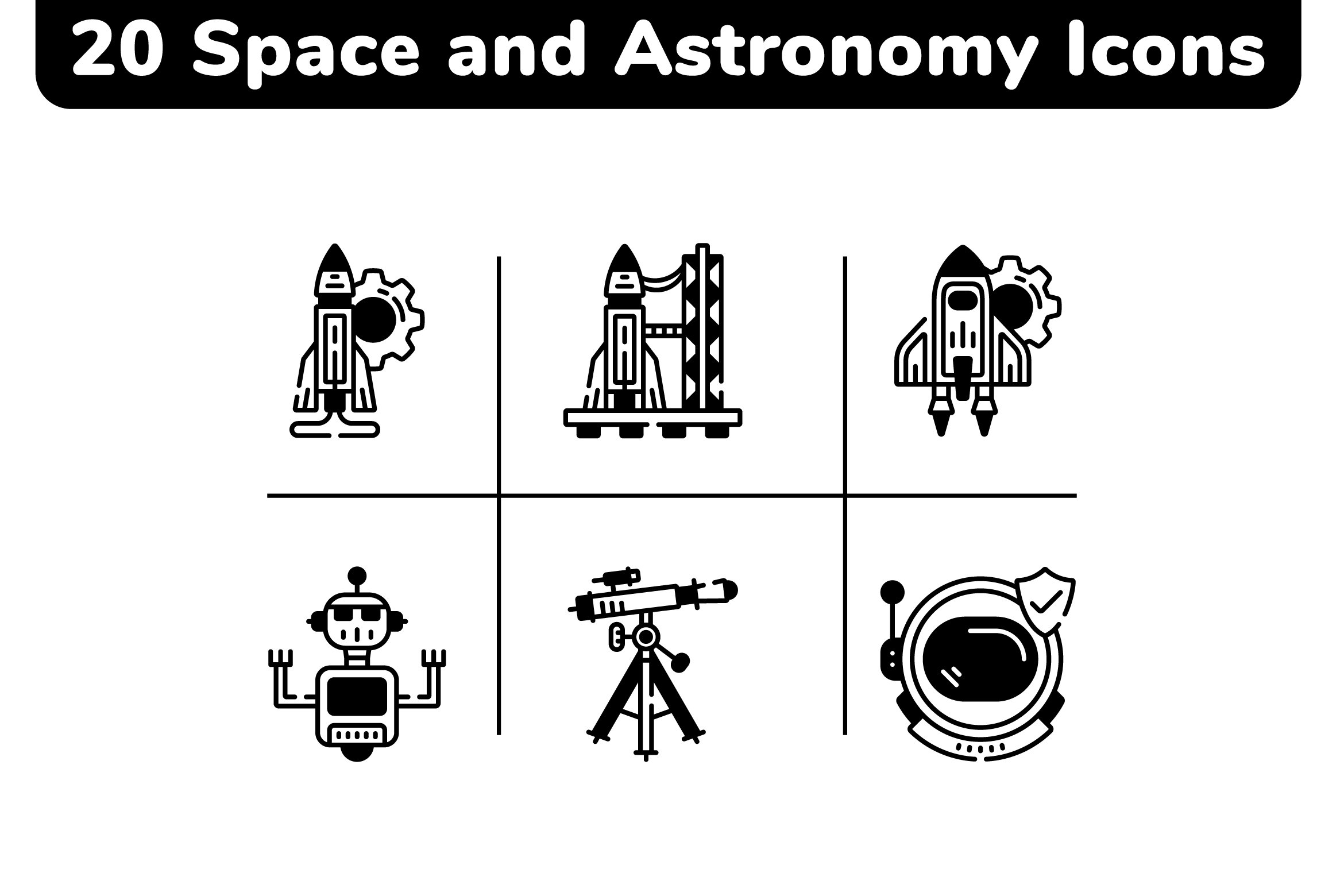 20 Space and Astronomy Black Icons cover image.