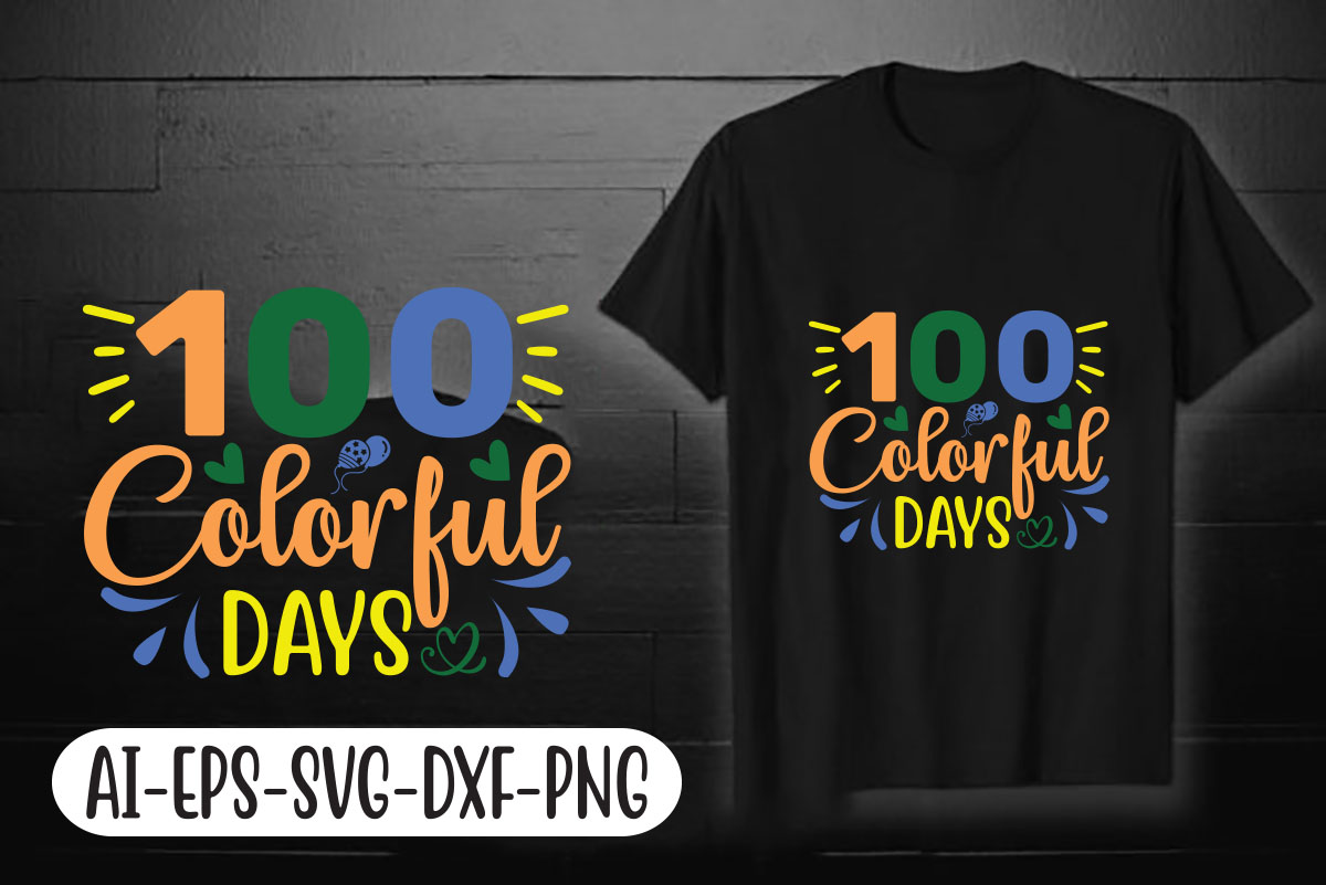 Black shirt with the words 100 colorful days on it.