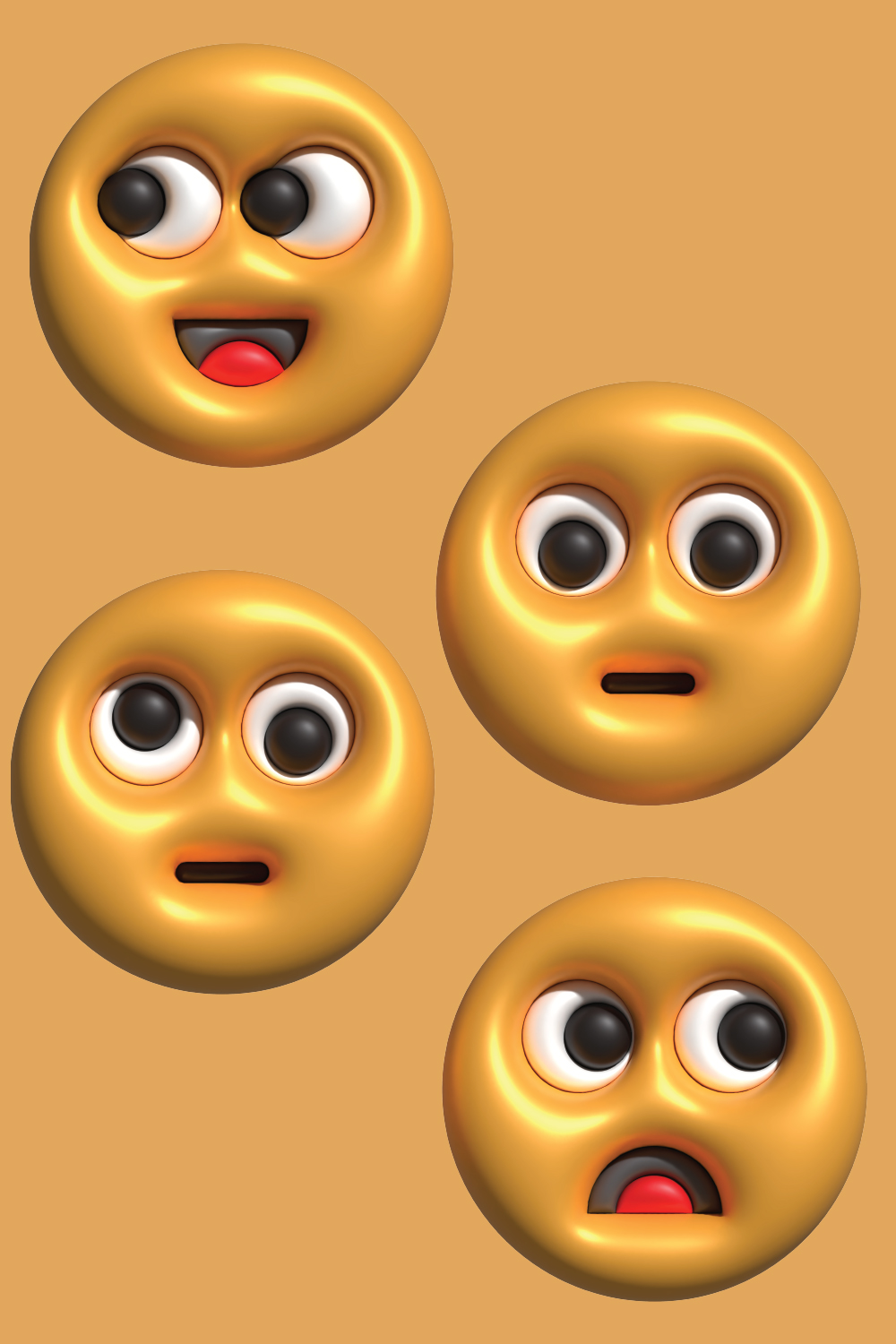 Group of three gold emoticions with eyes.