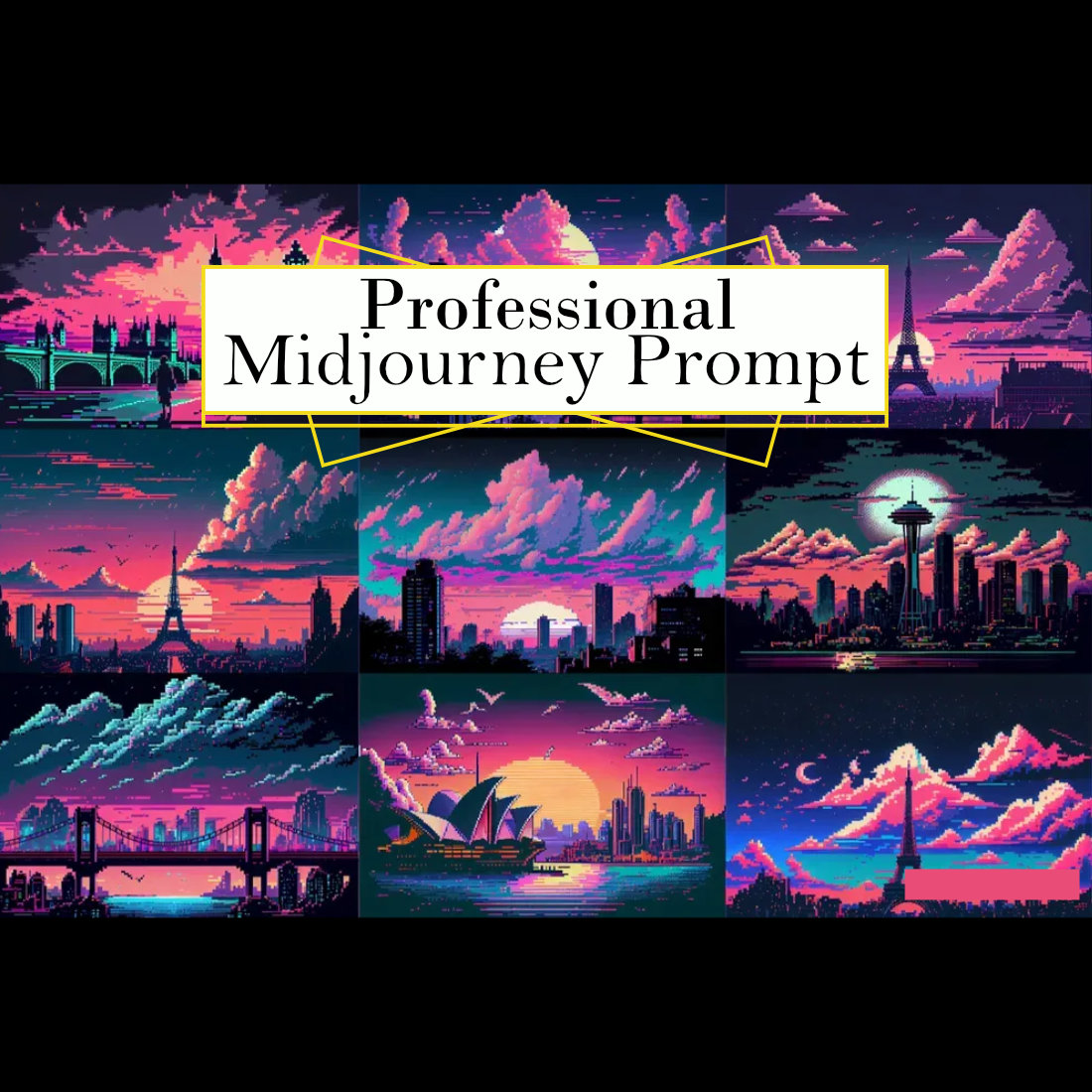 Pixel Cityscape Retro Vaporwave Midjourney Prompt cover image.