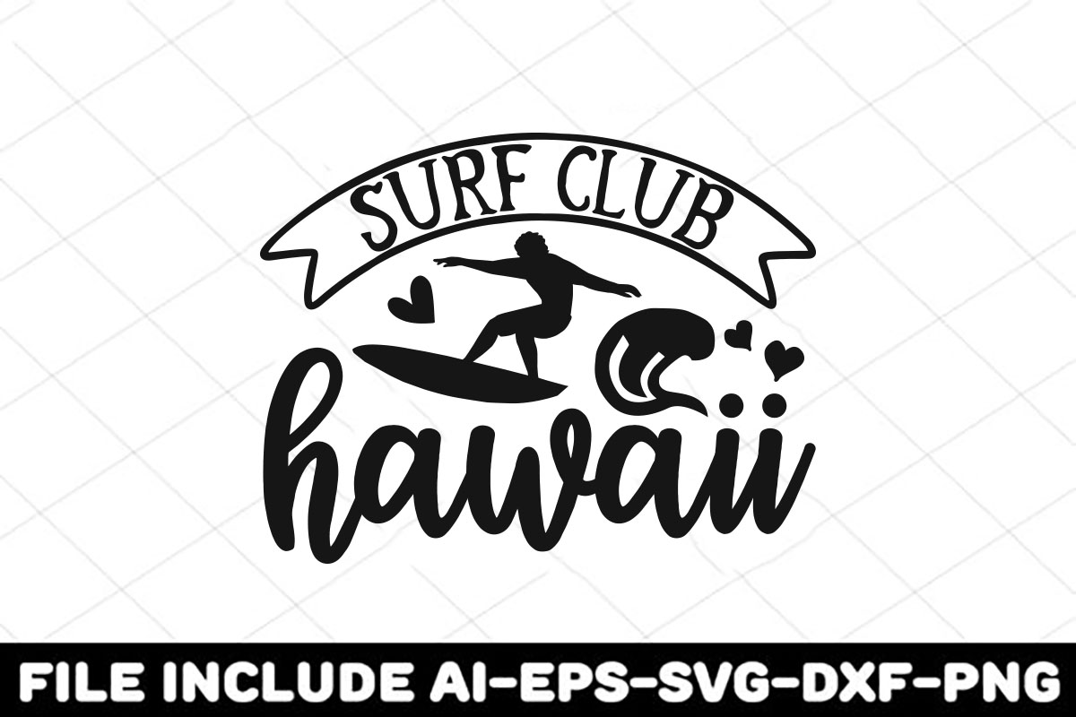 Surfboarder riding a wave with the words surf club hawaii on it.