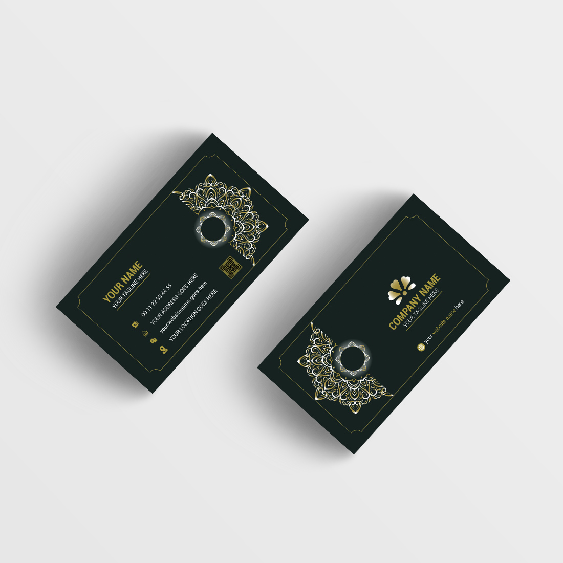 Black business card with a gold design.