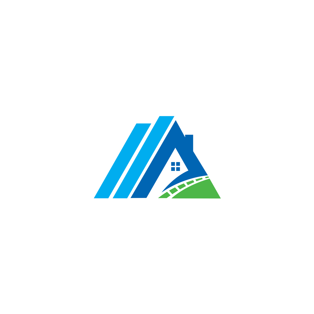 Blue and green logo with a house in the middle.