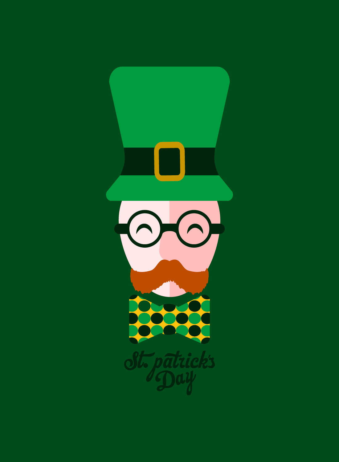 St patrick's day poster with a man in a green hat and glasses.
