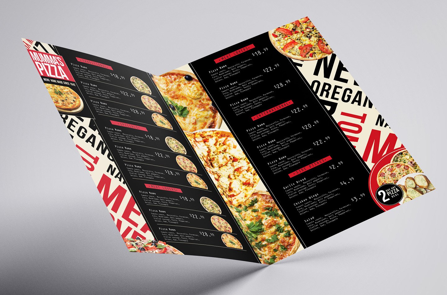 Folding A3 Pizza Menu Template preview image.
