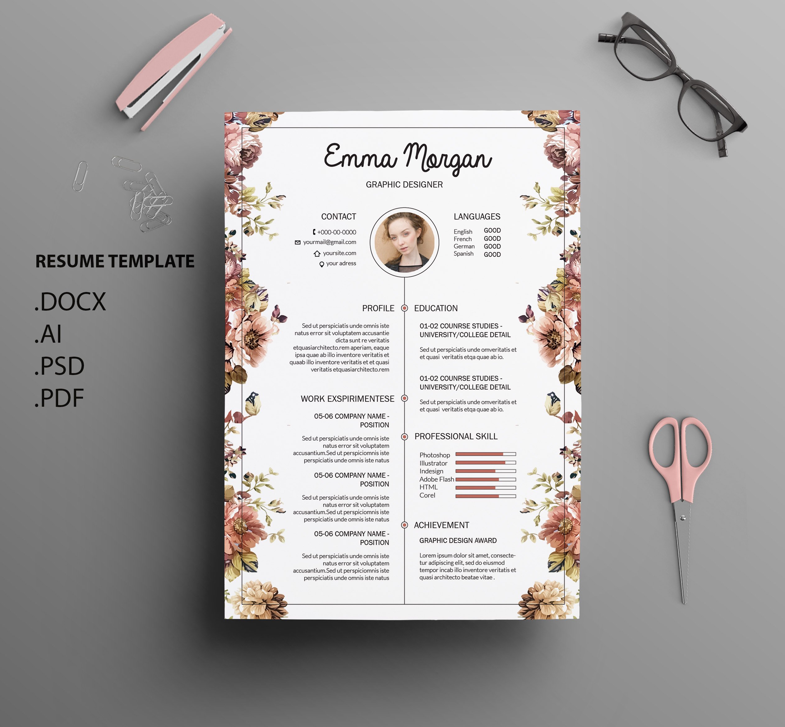 Floral side CV / Resume Template / M preview image.