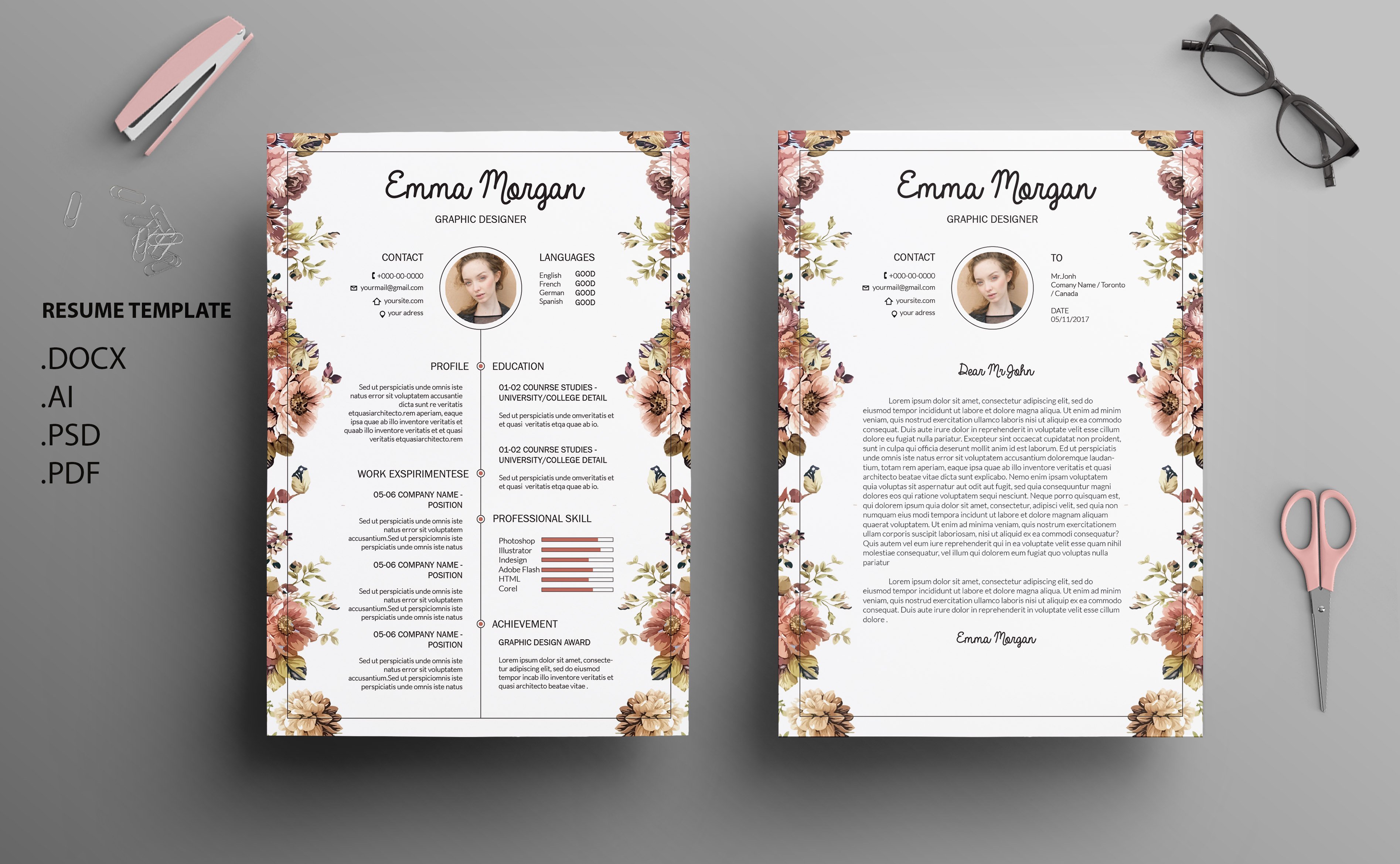 Floral side CV / Resume Template / M cover image.